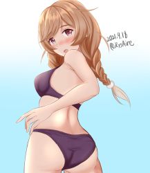 Rule 34 | 1girl, ame-san, ass, black bra, black panties, blush, bra, braid, breasts, brown eyes, cloud hair ornament, commentary request, cowboy shot, dated, from behind, gluteal fold, gradient hair, highres, kantai collection, light brown hair, long hair, looking at viewer, looking back, medium breasts, minegumo (kancolle), multicolored hair, nose blush, one-hour drawing challenge, panties, solo, standing, twin braids, twitter username, underwear, underwear only