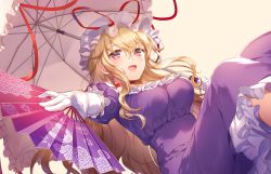 Rule 34 | 1girl, :d, blonde hair, blush, breasts, choker, commentary request, dress, elbow gloves, feet out of frame, folding fan, frills, gloves, hair between eyes, hand fan, hat, hat ribbon, holding, holding fan, holding umbrella, kikugetsu, large breasts, long hair, looking at viewer, mob cap, open mouth, petticoat, puffy short sleeves, puffy sleeves, purple dress, purple eyes, red choker, red ribbon, ribbon, short sleeves, sidelocks, smile, solo, touhou, umbrella, white gloves, white hat, yakumo yukari