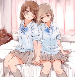 Rule 34 | 2girls, bad id, bad pixiv id, bed, bed sheet, bench, blonde hair, blue bow, blue bowtie, blush, bow, bowtie, brown eyes, brown legwear, brown skirt, buttons, collared shirt, curtains, eyebrows, head tilt, highres, holding hands, indoors, kneehighs, looking down, multiple girls, on bed, original, pleated skirt, shirt, short hair, short sleeves, sitting, sketch, skirt, smile, socks, syou (endemic species), tareme, wing collar, yuri