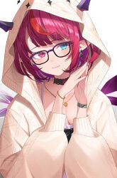 Rule 34 | 1girl, absurdres, aotake iro, black choker, blue eyes, bracelet, breasts, choker, cleavage, demon horns, earrings, glasses, heterochromia, highres, hololive, hololive english, hood, hood up, hooded cardigan, horns, irys (casualrys) (hololive), irys (hololive), jewelry, light blush, light smile, lips, looking at viewer, medium breasts, multicolored hair, nail polish, necklace, pointy ears, purple eyes, purple hair, purple nails, short hair, solo, steepled fingers, streaked hair, upper body, virtual youtuber, watch, white background, wings, wristwatch