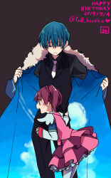 Rule 34 | 1boy, 1girl, armband, black pants, black vest, blue armband, blue eyes, blue hair, brown background, closed mouth, coat, collared shirt, commentary request, e.g.o (project moon), employee (project moon), fake wings, frilled skirt, frills, fur-trimmed jacket, fur trim, ganeshia, grey eyes, grey shirt, hair ribbon, highres, jacket, lobotomy corporation, long bangs, long sleeves, necktie, open clothes, open coat, open mouth, pants, pink hair, pink ribbon, pink shirt, pink skirt, pleated skirt, project moon, ribbon, shirt, short hair, short twintails, simple background, skirt, sky print, smile, thighhighs, twintails, vest, white necktie, white thighhighs, wings