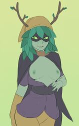 Rule 34 | 1girl, absurdres, adventure time, antlers, antlers through headwear, breasts, breasts out, colored skin, green skin, hat, highres, horns, huntress wizard, kalruna, medium breasts, plant hair