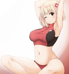 Rule 34 | 1girl, ;), arms up, bare arms, bare shoulders, blonde hair, blush, breasts, closed mouth, commentary request, hair ribbon, hinata masaki, looking at viewer, lycoris recoil, medium breasts, navel, nishikigi chisato, one eye closed, red eyes, red ribbon, ribbon, sitting, smile, solo, stretching