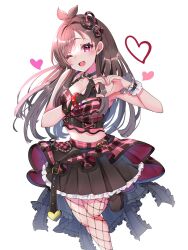 Rule 34 | 1girl, ;d, antenna hair, blush, bracelet, breasts, brown hair, cleavage, collarbone, cropped shirt, fingerless gloves, fishnet pantyhose, fishnets, gloves, heart, heart-shaped pupils, heart hands, heart o-ring, highres, idolmaster, idolmaster cinderella girls, idolmaster cinderella girls starlight stage, jewelry, linea alba, looking at viewer, medium breasts, one eye closed, open mouth, pantyhose, plaid, plaid shirt, red eyes, shirt, simple background, single glove, sleeveless, sleeveless shirt, smile, solo, spiked bracelet, spikes, standing, standing on one leg, symbol-shaped pupils, tsujino akari, white background, wrist cuffs, yuanagae