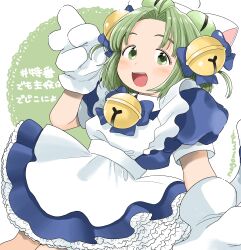Rule 34 | 1girl, animal hat, apron, bell, belt, blue dress, blush, cat hat, collared dress, commentary request, curtained hair, dejiko, di gi charat, dress, feet out of frame, frilled dress, frills, gloves, green background, green eyes, green hair, hand up, hashtag, hat, highres, jingle bell, lace background, looking at viewer, maid apron, nagomurasan, neck bell, open mouth, petticoat, puffy short sleeves, puffy sleeves, short hair, short sleeves, smile, solo, tail raised, tareme, two-tone background, two side up, v, white apron, white background, white belt, white gloves
