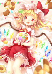 Rule 34 | 1girl, blonde hair, bow, candy, cookie, flandre scarlet, food, hat, hat bow, konpeitou, lying, macaron, mimi (mimi puru), mob cap, on back, open mouth, plate, puffy short sleeves, puffy sleeves, red eyes, shirt, short sleeves, side ponytail, skirt, skirt set, smile, solo, touhou, vest, wings, wrist cuffs