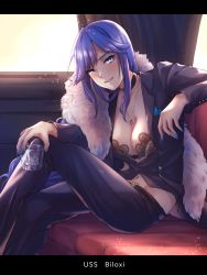 Rule 34 | 1girl, absurdres, azur lane, biloxi (azur lane), biloxi (empress in the silk seat) (azur lane), black suit, bra, breasts, character name, cleavage, collarbone, commentary request, cowboy shot, formal, groin, highres, jacket, jewelry, kurono hyouka, letterboxed, long hair, looking at viewer, midriff, navel, necklace, open bra, sidelocks, sitting, smile, solo, suit, suit jacket, underwear, very long hair