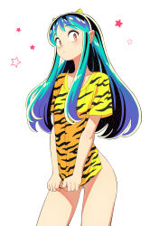 Rule 34 | 1girl, absurdres, animal print, blue hair, commentary request, cone horns, highres, holding, holding clothes, holding shirt, horns, long hair, lum, no pants, shirt, sidelocks, simple background, sinssa4, solo, standing, star (symbol), star print, tiger print, urusei yatsura, white background, yellow eyes, yellow shirt