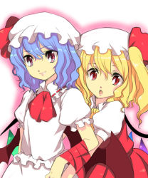 Rule 34 | 2girls, :o, ascot, chigo, crystal, dress, female focus, flandre scarlet, hat, looking at viewer, mob cap, multiple girls, parted lips, puffy short sleeves, puffy sleeves, red dress, red eyes, remilia scarlet, short sleeves, siblings, simple background, sisters, touhou, white background, wings