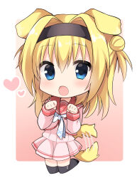 Rule 34 | 1girl, :o, absurdres, animal ears, black thighhighs, blonde hair, blue eyes, blush, border, chibi, chitose sana, commentary request, dog ears, double bun, eyelashes, hair between eyes, hair bun, hair intakes, hands up, happy, heart, highres, kneeling, long hair, long sleeves, looking at viewer, miniskirt, motion lines, open mouth, paw pose, pink background, pink shirt, pink skirt, pleated skirt, red sailor collar, ribbon, sailor collar, school uniform, serafuku, shirt, skirt, solo, tail, tail wagging, takepoison, tenshinranman, thighhighs, two side up, white border, white ribbon, yellow tail, zettai ryouiki