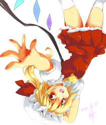 Rule 34 | 1girl, absurdres, arm behind head, ascot, blonde hair, blue theme, dated, fang, female focus, flandre scarlet, harii, harry (namayake), hat, hat ribbon, highres, open mouth, outstretched arm, pointy ears, red eyes, ribbon, short hair, side ponytail, signature, simple background, skirt, skirt set, smile, solo, thighhighs, touhou, upside-down, white background, white thighhighs, wings