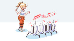 Rule 34 | 1girl, ^ ^, absurdres, black bow, blonde hair, blush, bow, chell, chell (cosplay), closed eyes, cosplay, crossover, hair bow, highres, holding, holding stick, hololive, hololive english, james choo, musical note, navel, open mouth, ponytail, portal (series), robot, sentry turret (portal), staff (music), stick, tank top, virtual youtuber, watson amelia, white tank top