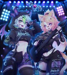 Rule 34 | 2023, 2girls, animal ears, bandaid, bandaid on face, bandaid on nose, blonde hair, blue eyes, breasts, apricot the lich, cat ears, cat girl, cat tail, chain, collar, cowboy shot, dated, demon girl, demon horns, demon wings, fangs, gloves, green eyes, green hair, guitar, hair between eyes, hair ornament, highres, holding, holding instrument, holding microphone, horns, indie virtual youtuber, instrument, kamochiru, looking at viewer, medium breasts, microphone, midriff, multicolored hair, multiple girls, multiple horns, navel, obkatiekat, open fly, open mouth, panties, purple eyes, single thighhigh, slit pupils, spiked collar, spikes, stage lights, streaked hair, tail, teeth, thigh strap, thighhighs, tongue, underwear, virtual youtuber, vshojo, watermark, wings, x hair ornament