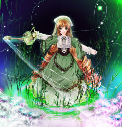 Rule 34 | 00s, 1girl, :d, blush, cross-laced clothes, dress, drill hair, flower, frilled sleeves, frills, green dress, green eyes, head scarf, heterochromia, holding, long hair, long sleeves, looking at viewer, open mouth, plant, red eyes, rozen maiden, smile, solo, straightchromia, suiseiseki, twin drills, twintails, very long hair, watering can