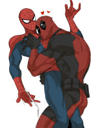 2boys ass bad_source bodysuit deadpool deadpool_(series) groping heart marvel mask multiple_boys ranyues spider-man spider-man_(series) yaoi