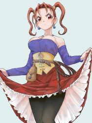 Rule 34 | 1girl, angry, breasts, cleavage, clothes lift, dragon quest, dragon quest viii, jessica albert, kajino (aosansai), large breasts, long skirt, orange hair, pantyhose, skirt, skirt lift, solo, twintails, whip