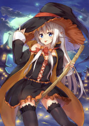 Rule 34 | 1girl, :p, absurdres, black thighhighs, blue eyes, blush, broom, hat, highres, long hair, moon, original, pointy ears, ruma imaginary, smile, solo, thighhighs, tongue, tongue out, witch hat