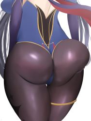Rule 34 | 1girl, ass, ass focus, ass grab, ass support, blue leotard, breasts, from behind, genshin impact, highres, huge ass, large breasts, leotard, lower body, mona (genshin impact), purple legwear, sana!rpg, simple background, solo, thighlet, thighs, white background