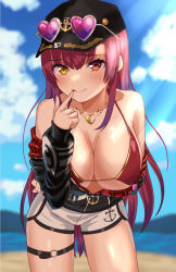 Rule 34 | 1girl, bare shoulders, bikini, blush, breasts, cleavage, collarbone, heterochromia, highres, hololive, houshou marine, houshou marine (summer), large breasts, leaning forward, long hair, long sleeves, looking at viewer, red eyes, red hair, smile, solo, swimsuit, thighs, uuroncha, virtual youtuber, yellow eyes