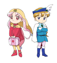 Rule 34 | 1boy, 1girl, absurdres, blonde hair, blush, boots, cape, commentary request, dress, hat, highres, holding, holding suitcase, hosiman, jester cap, long hair, magical girl, pantyhose, pink hair, prince cloud, princess silver, red eyes, red robe, robe, smile, suitcase, twintails, white background, yellow cape, yellow headwear, yellow pantyhose, yume no crayon oukoku