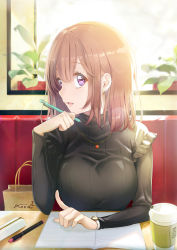 Rule 34 | 1girl, absurdres, bag, black sweater, breasts, brown hair, cup, earrings, hair between eyes, highres, holding, holding pen, jewelry, large breasts, lens flare, long sleeves, looking at viewer, maronie., medium hair, necklace, notebook, open mouth, original, pen, pen holder, plant, potted plant, purple eyes, restaurant, ribbed sweater, shopping bag, smile, solo, sweater, table, watch, wristwatch