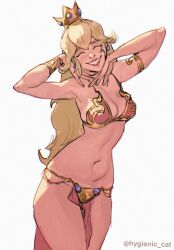 Rule 34 | 1girl, armlet, armpits, artist name, bikini, blonde hair, bracelet, breasts, cleavage, closed eyes, cosplay, crown, earrings, grin, highres, huttslayer leia, hygienic cat, jewelry, loincloth, long hair, mario (series), medium breasts, metal bikini, metal bra, midriff, navel, nintendo, pelvic curtain, princess leia, princess leia (cosplay), princess peach, simple background, smile, solo, star wars, star wars: return of the jedi, swimsuit, twitter username, white background