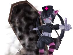 Rule 34 | 1girl, bag, black hair, black hat, black shirt, black shorts, bmp-to-png conversion, brown bag, chrome (mon-musu quest!), closed mouth, coffin, colored skin, cowboy shot, crop top, cross, demon girl, dirt, fog, game cg, gloves, grey skin, hand on wall, hat, horizontal-striped thighhighs, horns, index finger raised, knee up, long hair, looking at viewer, midriff, mon-musu quest!, non-web source, nurse cap, pink eyes, pink horns, pink thighhighs, puffy short sleeves, puffy sleeves, purple thighhighs, red cross, ringed eyes, rubber gloves, serious, shirt, short sleeves, shorts, shoulder bag, simple background, solo, spoilers, suspender shorts, suspenders, thighhighs, transparent background, twintails, un do