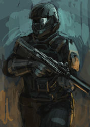 Rule 34 | 1boy, armor, bad id, bad pixiv id, gun, halo (game), halo (series), helmet, highres, lm7 (op-center), male focus, odst, power armor, power suit, solo, submachine gun, weapon