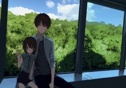 Rule 34 | 1boy, 1girl, absurdres, blush, bracelet, brother and sister, child, highres, honnryou hanaru, jewelry, looking at viewer, nature, original, siblings, sitting, smile, v, window
