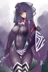 Rule 34 | 1girl, agnes (sennen sensou aigis), akinaie, black hair, bodysuit, boots, breasts, covered erect nipples, covered navel, cowboy shot, female focus, funeral veil, gradient background, large breasts, long hair, looking at viewer, no bra, red eyes, sennen sensou aigis, skull, solo, thigh boots, thighhighs, veil