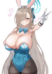 Rule 34 | 1girl, animal ears, armpits, asuna (blue archive), asuna (bunny) (blue archive), black pantyhose, blue archive, blue bow, blue eyes, blue leotard, blush, bow, breasts, cleavage, covered navel, cowboy shot, detached collar, fake animal ears, gloves, grin, hair over one eye, heart, highres, large breasts, leotard, light brown hair, long hair, looking at viewer, mole, mole on breast, naseul 777, official alternate costume, pantyhose, rabbit ears, simple background, smile, solo, strapless, strapless leotard, v, white background, white gloves