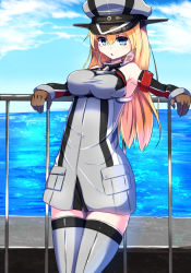 Rule 34 | 10s, 1girl, against fence, armband, bare shoulders, bismarck (kancolle), blonde hair, blue eyes, breasts, dress, fence, grey dress, hat, impossible clothes, impossible dress, kantai collection, leanin, leaning, open mouth, solo, tenken (gotannda)