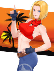 Rule 34 | 1girl, baggy pants, bare shoulders, blonde hair, blue mary, crop top, fingerless gloves, gloves, highres, looking at viewer, midriff, navel, pants, sleeveless, snk, solo, stomach, straight hair, tank top, the king of fighters, the king of fighters xiv, the king of fighters xv, yukimune
