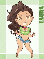 Rule 34 | 1girl, alternate costume, breasts, brown eyes, brown hair, capcom, character name, chibi, choker, cleavage, full body, grin, highleg, laura matsuda, legs, midriff, navel, sandals, shorts, smile, solo, street fighter, street fighter v, thighs, x-t3al