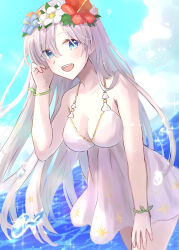 1girl absurdres alternate_hairstyle anastasia_(fate) anastasia_(swimsuit_archer)_(fate) anastasia_(swimsuit_archer)_(second_ascension)_(fate) blue_eyes blue_sky breasts cleavage cloud commentary_request dress dress_swimsuit fate/grand_order fate_(series) floating_hair flower hair_down head_wreath highres kaori_(vuoian_appxv) long_hair looking_at_viewer medium_breasts ocean official_alternate_costume open_mouth sky smile solo swimsuit very_long_hair water white_dress white_hair