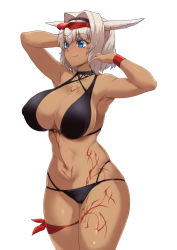 Rule 34 | 1girl, absurdres, armpits, bikini, black bikini, black hairband, blue eyes, blush, body markings, breasts, caenis (fate), caenis (swimsuit rider) (fate), caenis (swimsuit rider) (first ascension) (fate), closed mouth, cowboy shot, dark-skinned female, dark skin, eyewear on head, fate/grand order, fate (series), hair intakes, hairband, highres, large breasts, looking to the side, red wristband, short hair, simple background, smile, solo, swimsuit, thighs, torahime (roland00), white hair