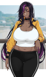Rule 34 | 1girl, against railing, black hair, black pants, bracelet, breasts, choker, cleavage, commentary, curvy, dark-skinned female, dark skin, english commentary, focused, hella p, highres, huge breasts, jacket, jewelry, against railing, long hair, looking at viewer, midriff, multicolored hair, navel, original, outdoors, pants, purple hair, railing, red eyes, shirt, skindentation, smile, solo, standing, streaked hair, tight clothes, tight pants, twitter username, white shirt, wide hips, yoga pants