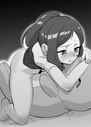 Rule 34 | 1girl, absurdres, bar censor, barefoot, blush, bottomless, censored, closed mouth, commentary request, creatures (company), doll, elaine (pokemon), female masturbation, fingernails, game freak, greyscale, highres, long hair, looking down, makino harumaki, masturbation, monochrome, nintendo, pokemon, pokemon lgpe, shirt, short sleeves, solo, straddling, substitute (pokemon), sweat, toes