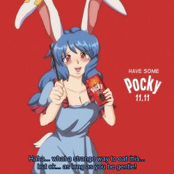 Rule 34 | 1990s (style), 1girl, animal ears, blue dress, blue hair, blush, box, breasts, buck teeth, cleavage, commentary, cowboy shot, dress, earclip, english commentary, english text, food, frilled sleeves, frills, highres, holding, holding box, holding food, holding pocky, long hair, looking at viewer, low twintails, medium bangs, medium breasts, open mouth, pocky, pocky day, rabbit ears, rabbit girl, rabbit tail, red background, red eyes, retro artstyle, seiran (touhou), short sleeves, simple background, smile, solo, square neckline, step arts, subtitled, tail, teeth, touhou, twintails, upper teeth only