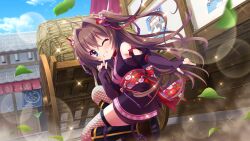 Rule 34 | 1girl, ahoge, architecture, bare shoulders, black footwear, blue eyes, blue sky, boots, brown hair, building, cart, cloud, day, dot nose, dust cloud, east asian architecture, film grain, finger to mouth, fishnet thighhighs, fishnets, floral print, from behind, game cg, grin, hair intakes, izumi tsubasu, japanese clothes, kimono, knee boots, leaf, lens flare, long hair, looking at viewer, looking back, ninja, non-web source, obi, official art, on one knee, one eye closed, outdoors, outstretched arm, poster (object), print sash, purple kimono, re:stage!, red sash, sash, shikimiya aone, short kimono, sky, smile, solo, sparkle, thighhighs, translated, two side up, wind