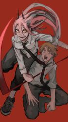 Rule 34 | 1boy, 1girl, black necktie, black pants, blonde hair, chainsaw man, collared shirt, denji (chainsaw man), floating hair, hemokinesis, highres, holding, holding scythe, holding weapon, leg up, long hair, looking to the side, nakano (2 mannaka), necktie, open mouth, orange eyes, pants, pants rolled up, pink hair, power (chainsaw man), red background, scythe, sharp teeth, shirt, short hair, simple background, smile, squatting, teeth, weapon, white shirt