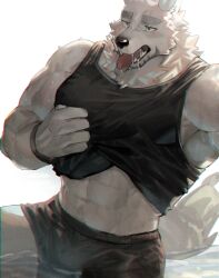 Rule 34 | 1boy, abs, absurdres, beard, black shorts, black tank top, blush, bulge, facial hair, feet out of frame, furry, furry male, highres, hot, huge eyebrows, lifted by self, male focus, navel, navel hair, neck fur, neumo, original, pectorals, saliva, short hair, short shorts, shorts, sidepec, solo, stomach, strongman waist, tank top, thick thighs, thighs, tongue, tongue out, white fur, wolf boy
