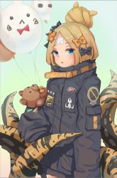 Rule 34 | 1girl, abigail williams (fate), abigail williams (traveling outfit) (fate), alternate hairstyle, artist request, balloon, bandaid, bandaid on face, bandaid on forehead, belt, black bow, black jacket, blonde hair, blue eyes, bow, commentary request, crossed bandaids, fate/grand order, fate (series), forehead, fou (fate), gradient background, green background, hair bun, heroic spirit traveling outfit, high collar, highres, holding, holding balloon, holding stuffed toy, jacket, long hair, looking at viewer, medjed (fate), official alternate costume, open mouth, orange bow, parted bangs, parted lips, polka dot, polka dot bow, single hair bun, sleeves past fingers, sleeves past wrists, solo, stuffed animal, stuffed toy, teddy bear, tentacles