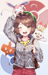Rule 34 | 1girl, absurdres, backpack, bad id, bad pixiv id, bag, blush, bob cut, brown bag, brown eyes, brown hair, buttons, cardigan, commentary, creatures (company), dress, game freak, gen 2 pokemon, gen 4 pokemon, gen 6 pokemon, gen 8 pokemon, gloria (pokemon), green headwear, grey cardigan, hat, highres, holding strap, kerno, looking up, nintendo, on head, one eye closed, open mouth, pichu, pink dress, pokemon, pokemon (creature), pokemon on head, pokemon swsh, rotom, rotom phone, scorbunny, short hair, sylveon, tam o&#039; shanter, teeth, tongue