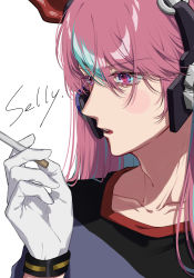 Rule 34 | 1girl, black shirt, blue hair, blue shirt, blush, character name, cigarette, collarbone, crazy raccoon, fake horns, gloves, highres, holding, holding cigarette, horns, multicolored hair, nonko (osaka na man), open mouth, pink eyes, pink hair, selly55, shirt, solo, streaked hair, two-tone shirt, white background, white gloves