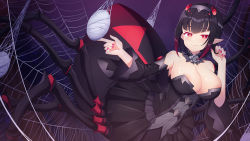 Rule 34 | 1girl, amemiya ruki, arachne, areola slip, arthropod girl, bare shoulders, black dress, black hair, breasts, chinese commentary, commentary request, detached sleeves, dress, gradient hair, highres, insect girl, large breasts, long sleeves, looking at viewer, monster girl, multicolored hair, nail polish, original, pink nails, pointy ears, red eyes, red hair, short hair, silk, slit pupils, smile, solo, spider girl, spider web, taur, wide sleeves