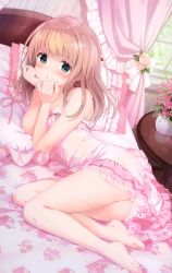 Rule 34 | 1girl, :o, absurdres, aqua eyes, bare legs, barefoot, bed, bedroom, blush, feet, female focus, highres, indoors, kimishima ao, light brown hair, long hair, looking at viewer, lying, momoi saki, nightgown, on bed, on side, original, pink theme, solo, table, toes, window