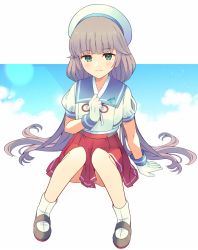 Rule 34 | 1girl, blue sailor collar, blush, closed mouth, full body, gloves, green eyes, grey hair, hat, highres, kantai collection, long hair, low twintails, mikura (kancolle), pleated skirt, puffy short sleeves, puffy sleeves, red skirt, sailor collar, sailor hat, sailor shirt, shirt, short sleeves, skirt, smile, socks, solo, twintails, white footwear, white gloves, white hat, white shirt, yukichi (eikichi)