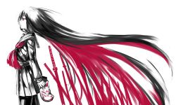 Rule 34 | 1girl, absurdly long hair, commentary request, cowboy shot, fox mask, from side, holding, jaco, katana, limited palette, long hair, long sleeves, mask, neckerchief, original, pantyhose, planted, planted sword, planted weapon, pleated skirt, profile, red eyes, red neckerchief, sailor collar, school uniform, serafuku, skirt, solo, sword, very long hair, weapon