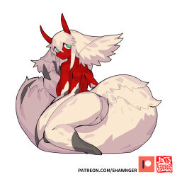 Rule 34 | breasts, colored skin, demon girl, green eyes, highres, horns, long tail, looking at viewer, monster girl, multiple arms, patreon logo, red skin, shawnger, sideboob, tail, watermark, white fur, white hair